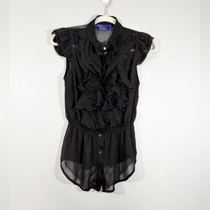 Miley Cyrus MaxAzria Shirt Sleeveless Black Sheer Ruffled Blouse Button Junior L